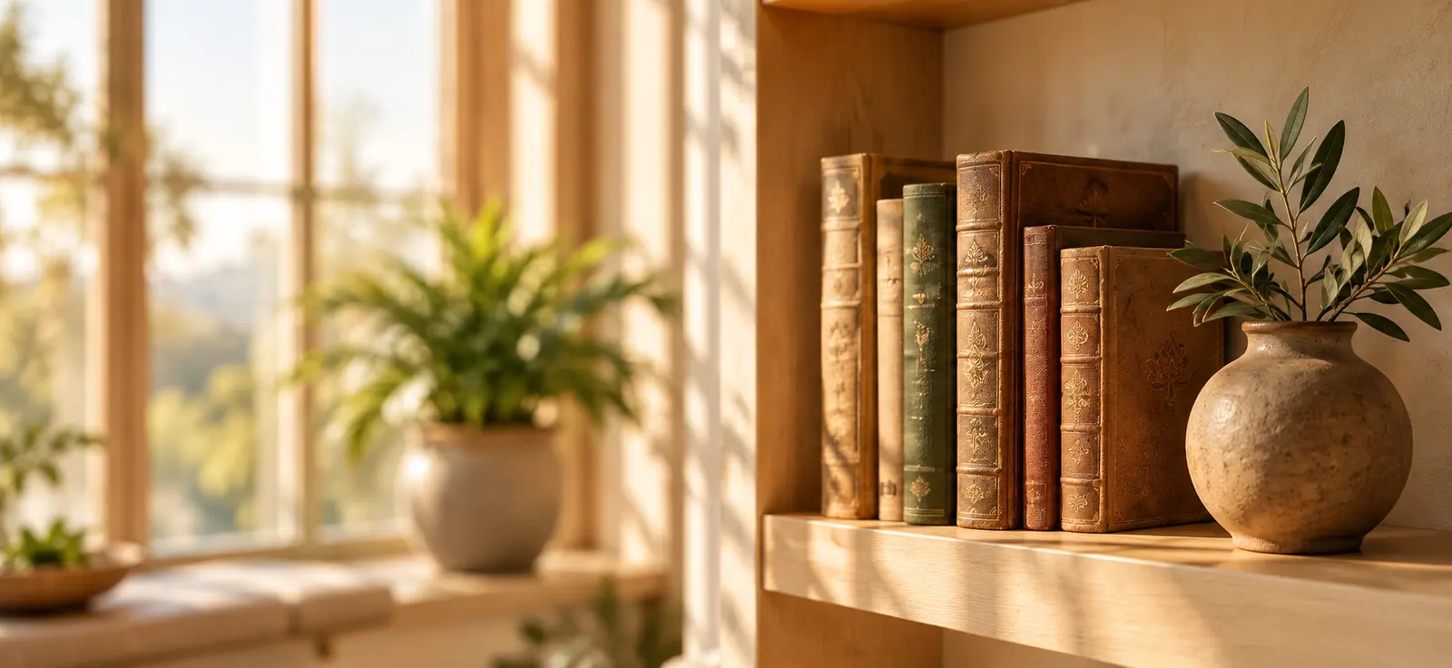 Books, plant and vase on a windowsill